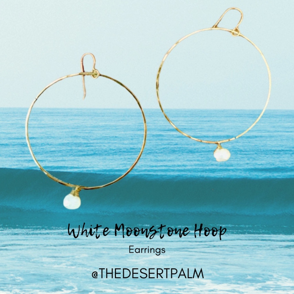14K Gold Filled Moonstone Hoop Earrings | White Gemstone Hoops